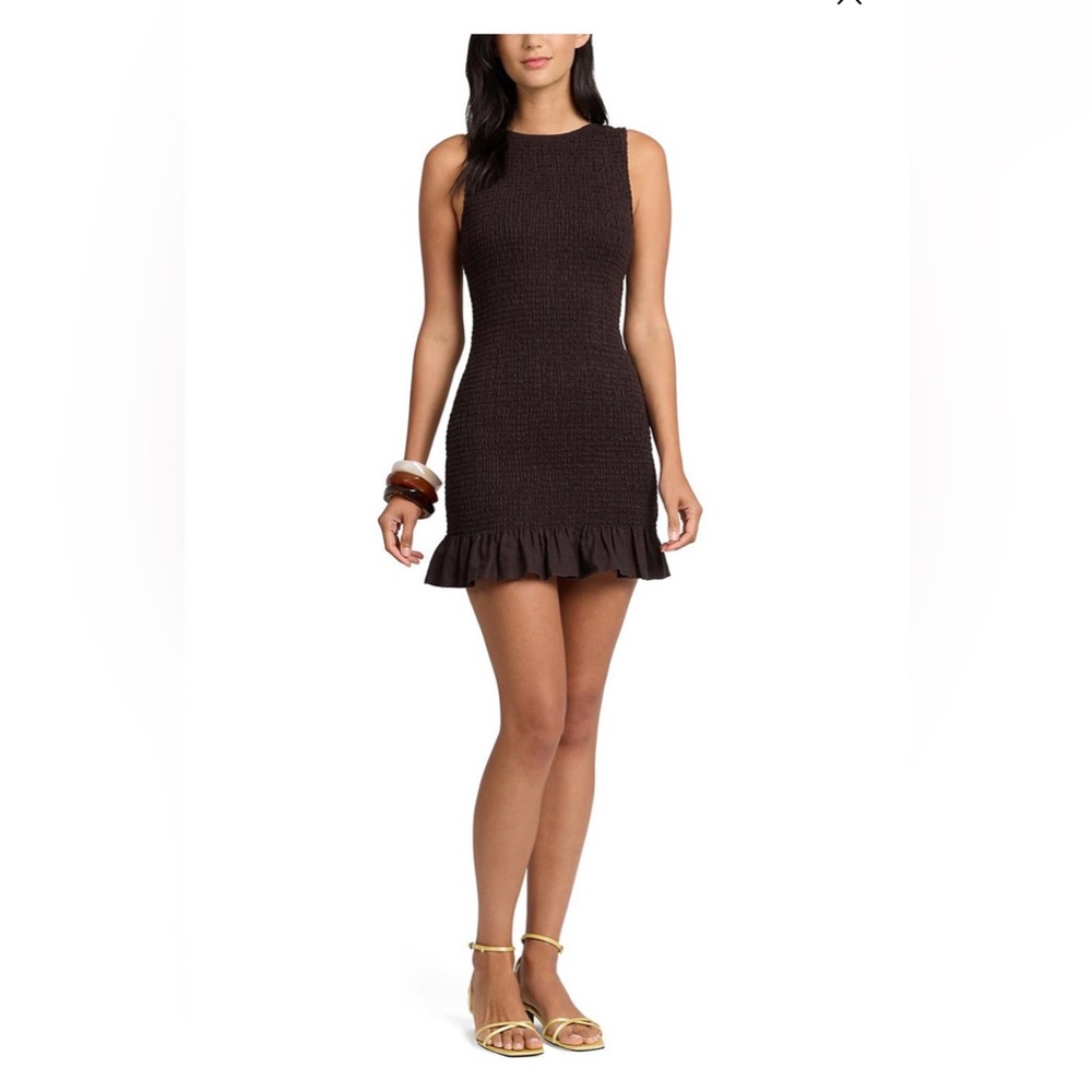 Onia Brown Smocked Ruffle-Hem Mini Dress
